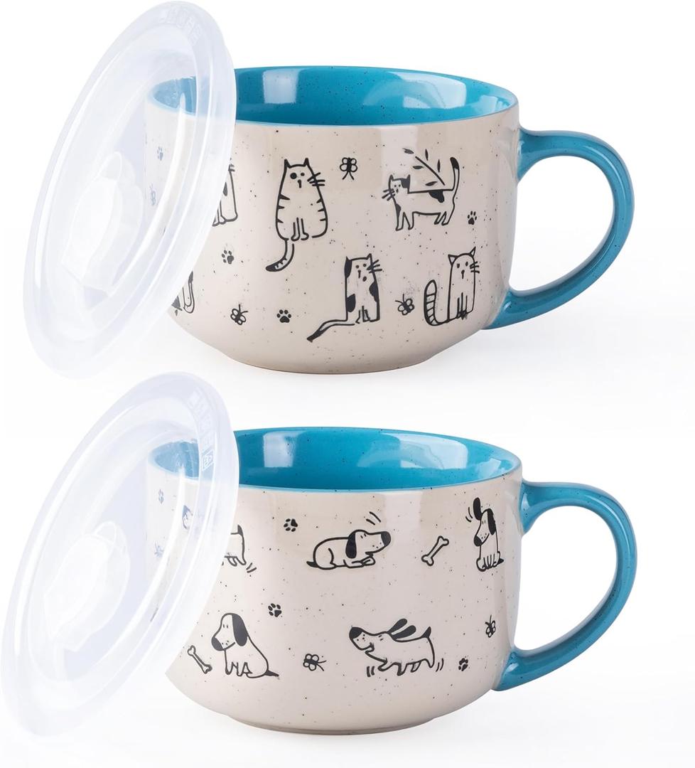 AmorArc 32 Ounces Ceramic Soup Mugs with Lids and Handle, Stoneware Bowls Cup Set of 2 for Soup, Stew, Noodle, Beautiful Mug Bowls With Lovely Dog,Cat Patterns, Microwave&Dishwasher Safe, Blue