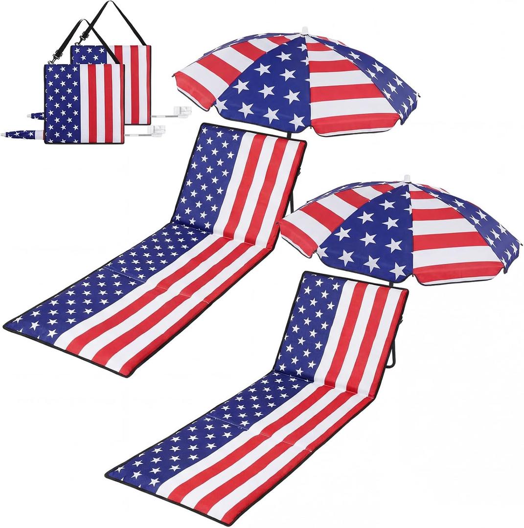 Briwooody 2 Set 4th of July Patriotic Beach Chairs with Umbrella American Flag Portable Beach Lounger Lightweight Foldable Outdoor Lounger Chair for Outdoor Travel Sunbathing Camping