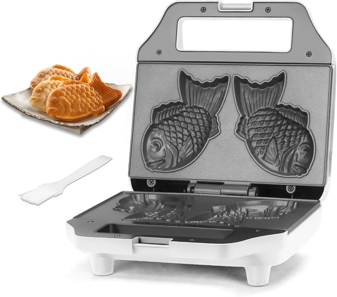 SugarWhisk Taiyaki Fish-shaped Waffle Maker, 2 Pcs Electric Japanese Fish Shaped Waffle Iron Pan, Dual Non Stick Cooking Plates, Recipe Included, White