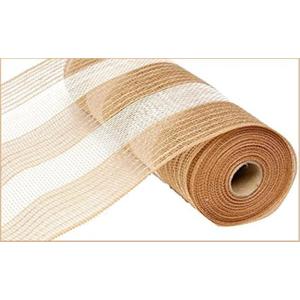 10 Inch x 30 Feet Deco Poly Jute Mesh Ribbon (Natural Brown White Cotton Stripe) : RY800348