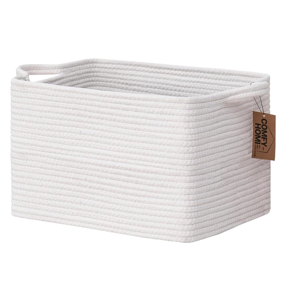 COMFY-HOMI Cotton Rope Woven Basket with Handles for Shelves, Toys, Book, Cloth Storage Baskets Bin for Organizing-13.5"x11"x9.5" Toy Decorative Organizer for Living Room, Bathroom-All White