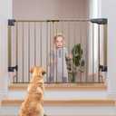 Cumbor 29.243" Baby Gate for Stairs, Wall-Mounted (Drill Required), Expandable No Bottom Bar Dog Gate, Auto Close Extra Wide Walk Thru, Pet & Toddler Proof Gate, Top & Bottom of Stairways (Brown)