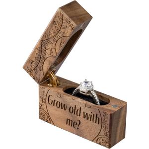 Wooden Engagement Ring Box Small Slim Flat Ring Case for Proposal,Wedding (Grow old with me)