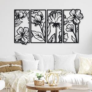 Cunno 4 Pcs Black Metal Flower Wall Decor Minimalist Art Wall Hanging Living Room Bedroom Floral Aesthetic Modern Sculpture Poppy Theme Home Kitchen Bathroom