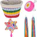 RidingRush Big Bicycle Basket for Girls, Kids Bike Front Handlebar Basket with Bell, Streamers and Pinwheel, Colorful Woven Basket for Toddler Girls Bike Accessories and Decoration (812 Age)
