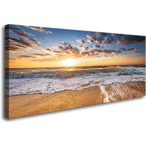 Jiuqinghua Wall Art Decor Large Canvas Print Picture Sunrise over the Sea 1 Panel Ocean Beach Waves Scenery Painting Artwork for Office Wall Decor Home Decoration Stretched and Framed Ready to Hang, 58"L x 29"W