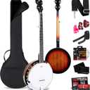 Pyle Banjo Kit with Remo Head and Sapele Resonator, 39" Full Size Traditional Open or Closed Back 5 String Instrument with 24 Brackets, Geared 5th Tuner, Premium Accessory Kit (Sun Burst)