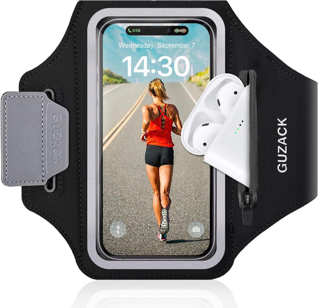 GUZACK Running Phone Holder with Zipper Pouch, Running Armband for iPhone 17/16/15/14/13/12/11 Pro Max/Plus, Galaxy S25/S24/S23/S22, Cell Phone Arm Holder with Card Slot - Size S (Black Zipper (Up to 6.9"))