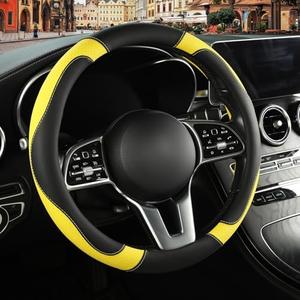 Binsheo Leather Steering Wheel Cover, Breathable, Anti Slip & Odor Free, Black and Yellow