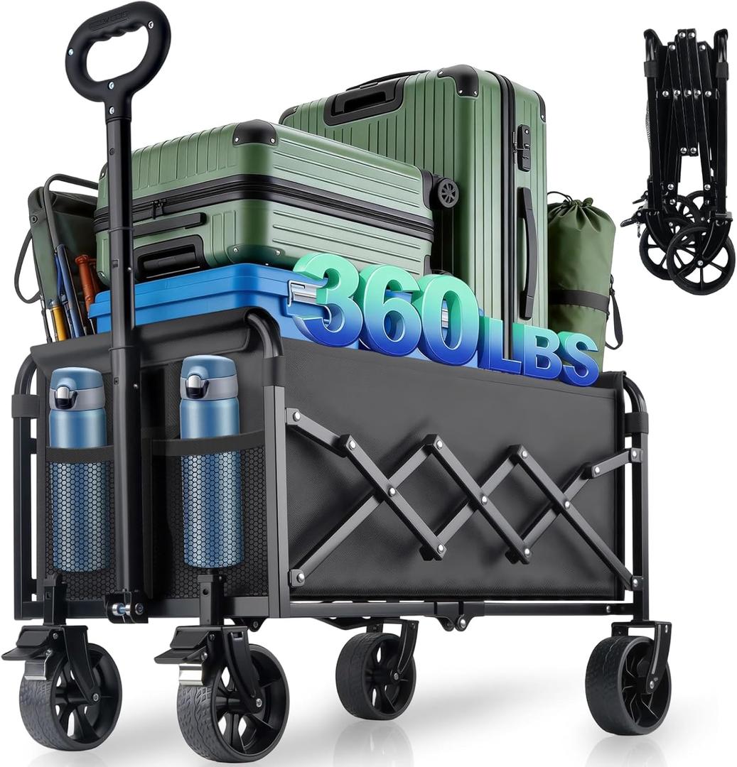 Collapsible Wagon Cart Foldable with Breakes - 360 LBS Heavy Duty Folding Grocery Cart with All Terrain Wheels & Brakes, for Shopping, Beach, Camping, Sports, Garden & Fishing