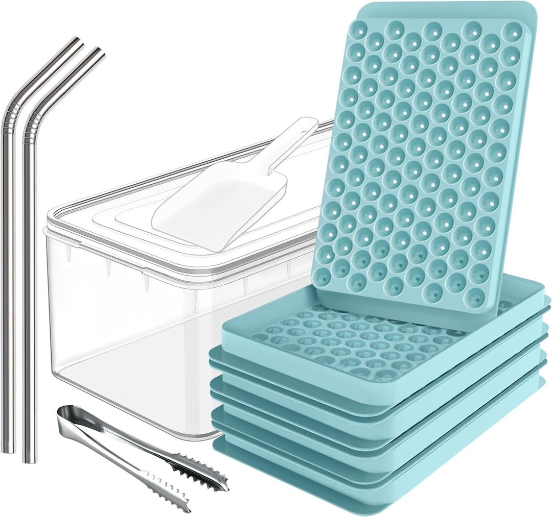 4x104 pcs Tiny Ice Cube Tray for Freezer - 0.55" Round Ice Cube Mold - Pebble Ice Tray, 4 Trays with Bin, Scoop, Tong, 2x SS Straw - Crushed Nugget Ice Maker for Cocktails, Drinks, Whiskey, Coffee (Blue - 4 Pack Set)
