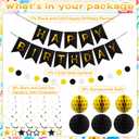Black Gold Birthday Party Decorations Happy Birthday Banner with Honeycomb Balls Stars Hanging Swirl Streamers Buntings Circle Dots Garland for Birthday Party