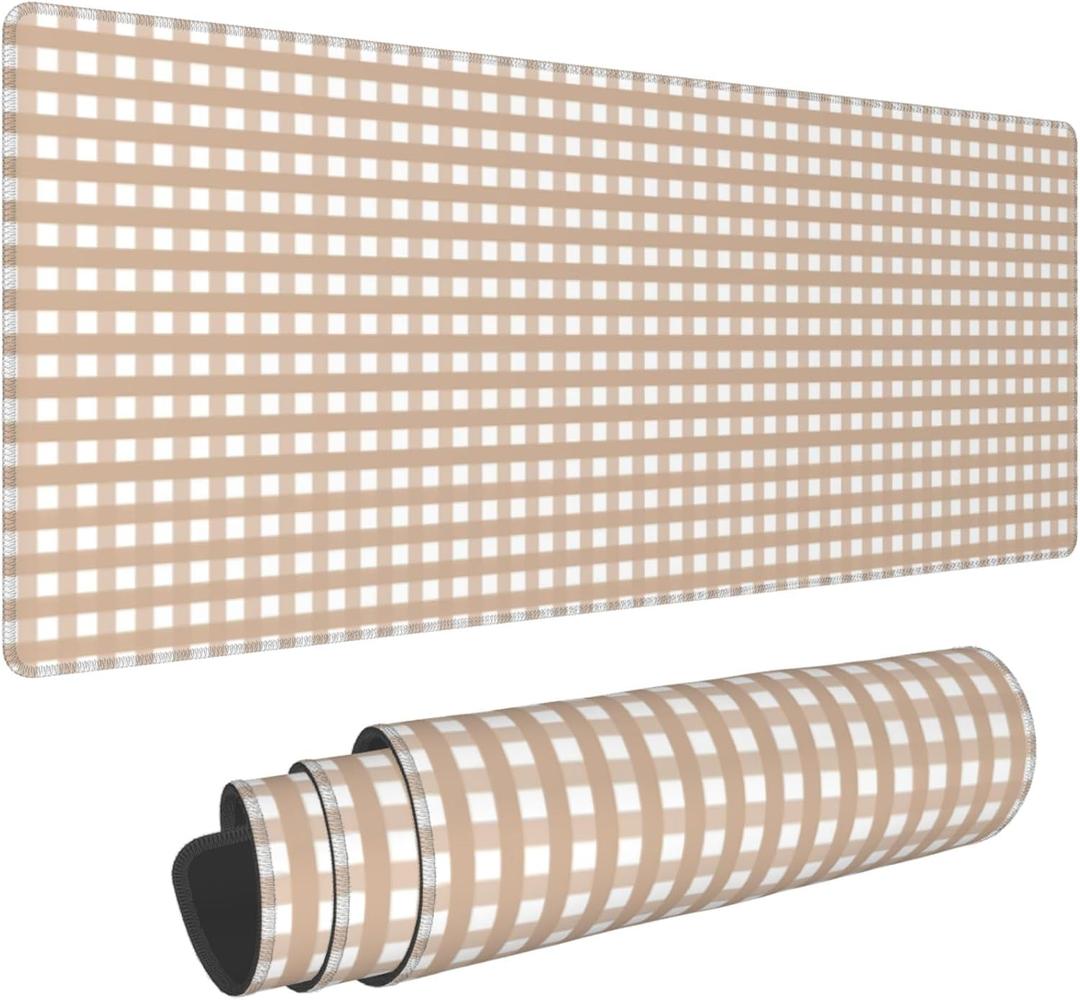 Brown Gingham Large Gaming Mouse Pad 31.5 x 11.8in Keyboard Mouse Mat Desk Keyboard Pad for Work, Play, Office, Home with Non-Slip Rubber Base Stitched Edges