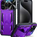 FNTCASE for iPhone 15 Pro Case: Military Grade Drop & Shock Protection Cell Phone Cover with Kickstand & Slide | Rugged Protective Bumper Textured (Purple)