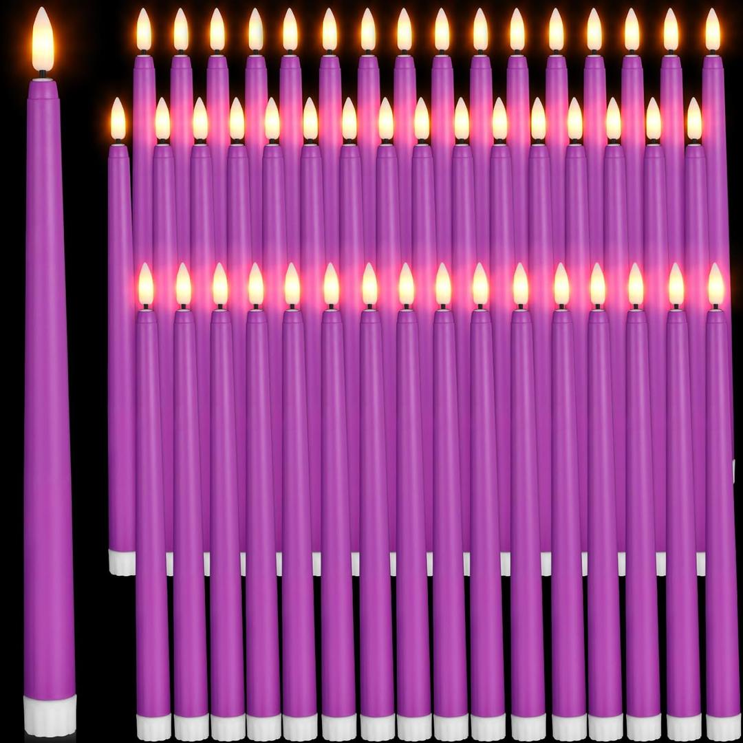 Handepo 48 Pack Flameless Taper Candles Realistic with Yellow Flickering Candlelights Plastic 11 Inch Last Long Battery Operated Window Candlestick for Halloween Christmas(Purple)