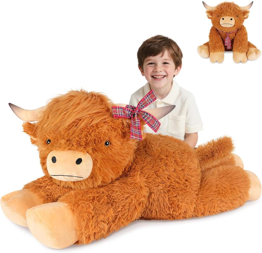 43 inch Giant Highland Cow Stuffed Animals, Lifelike Big Cow Stuffed Animal for Stress Relief & Companion, Extra Soft Cute Plushies, Huge Emotional Support Plush Toys Gifts for Kids Adults