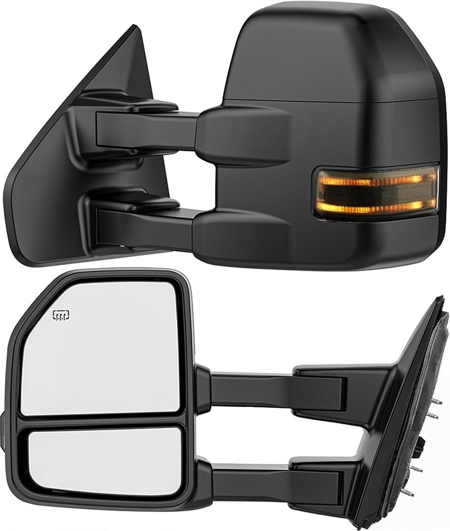WHALEMOTOR Smoked Power Heated Tow Mirrors Compatible with 2004-2014 Ford F150 F-150 Pickup Truck, Extended Trailer Towing Side Mirrors with Sequential Turn Signal & LED Puddle Light