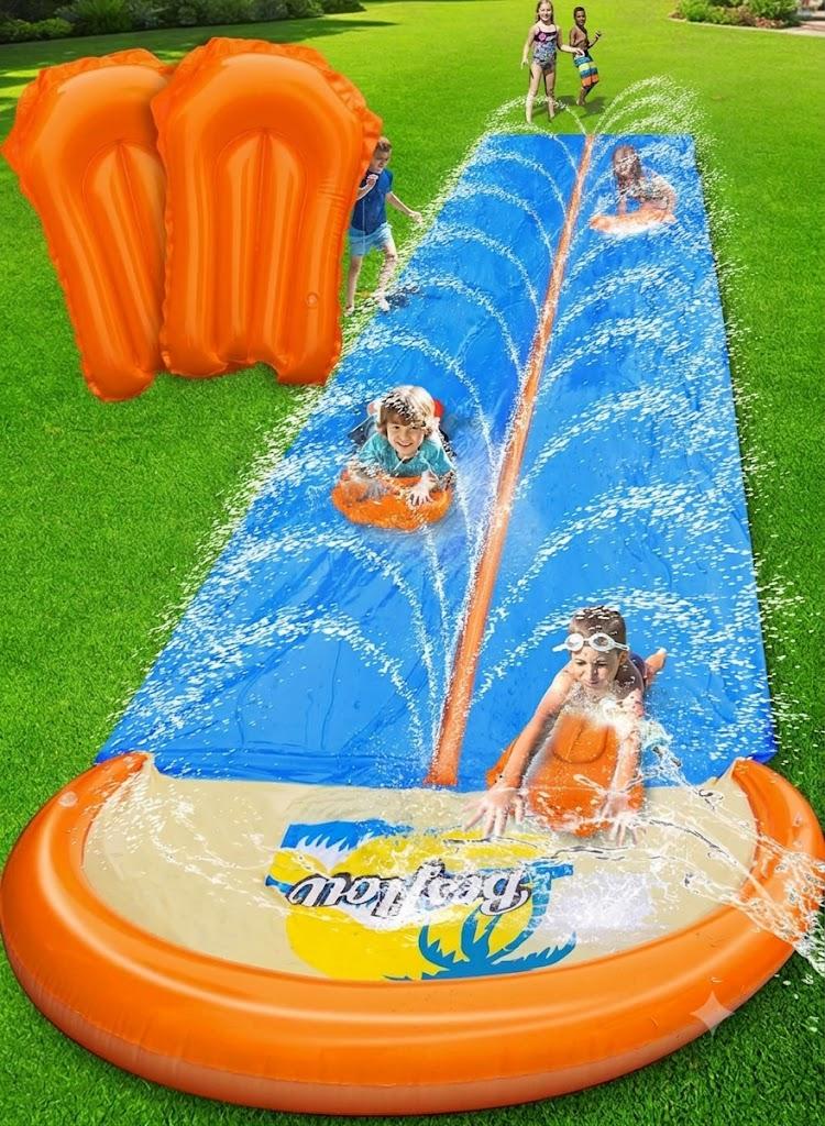 Spring Water, Slip and Water Slide for Kids and Adults, Extra Long Heavy Duty Lawn Water Slides with Sprinklers, 2 Lane Slip Splash Slide with Inflatable Bodyboards, Summer Outdoor Backyard Toys
