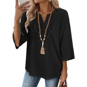 WIHOLL 3/4 Length Sleeve Womens Tops Boho V Neck Lace Shirt Trendy Blouses Dressy Casual Vacation Clothes S-3XL (Black, XXXL)