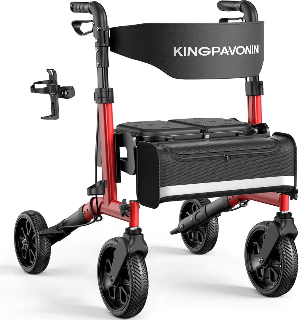 KingPavonini Foldable Walkers for Seniors with Seat, 6-Level Seat & Handle Adjustable, 380LB Reinforced Rollator Walker with Seat Ergo Dual-Layer, 16.5LB Lightweight Portable, All-Terrain Wheels