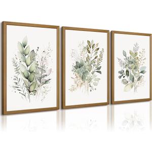 Joocrise Wooden Frame Watercolor Botanical Wall Art Boho Floral Canvas Wall Decor Prints Sage Green Wildflower Wall Art Modern Flower Pictures Botanical Painting for Bedroom Bathroom 12x16x3 Inch