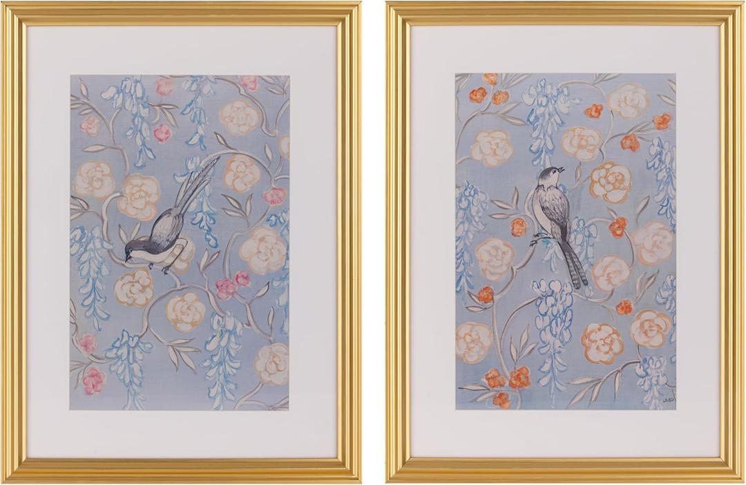 Gallery Solutions Set of 2 Framed Blue Bird Art Prints - 12x16 Matted Floral Prints with Gold Foil Frame for Bedroom, Bathroom, Living Room Wall Decor