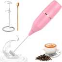 Handheld Milk Frother 14,000 RPM Drink Mixer Wand with Stand & Stirring Spoon Quiet One-Button Operation, Non-Slip Handle, Detachable Whisk Head for Coffee, Lattes, Cappuccinos, Matcha (Pink)