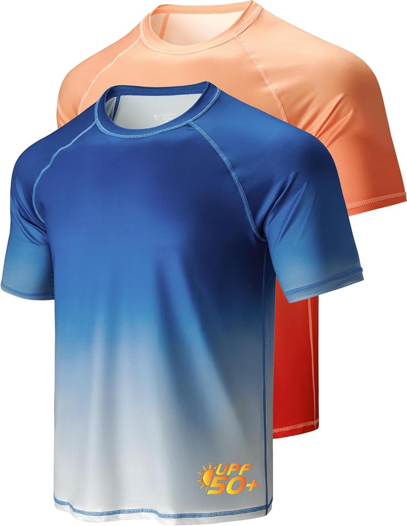 2-Pack Swim Shirts for Men UPF 50+ Loose Fit Rash Guard, Quick Dry UV Sun Protection Short Sleeve Shirt (Orange, XXXL)
