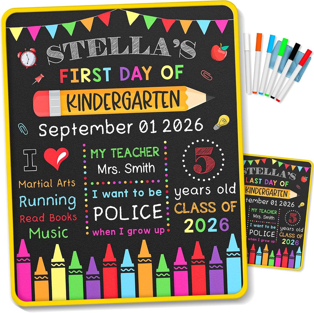 3 x DUNKMATE First Day Last Day of School Board Sign with 6 Liquid Chalk Markers Pack & Wipe Cloth - 14”x11” Double-Sided & Reusable Chalkboard - Back to School Board