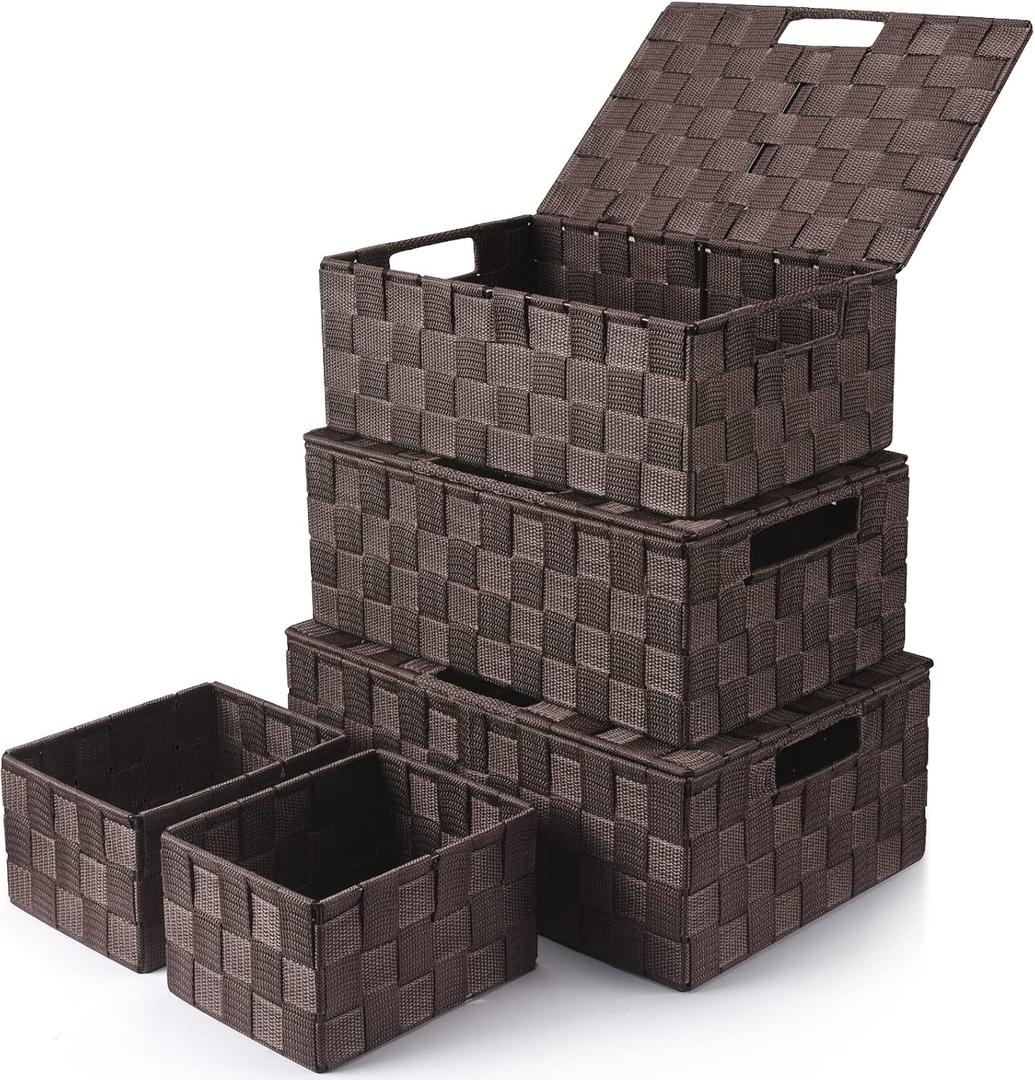 Storage Bins Baskets for Organizing with Lids, Storage Baskets for Shelves Stackable Woven Basket, Gift Small Basket Storage Cubes, Decorative Wicker Basket with Built-in Handles (5 Pack, Brown)