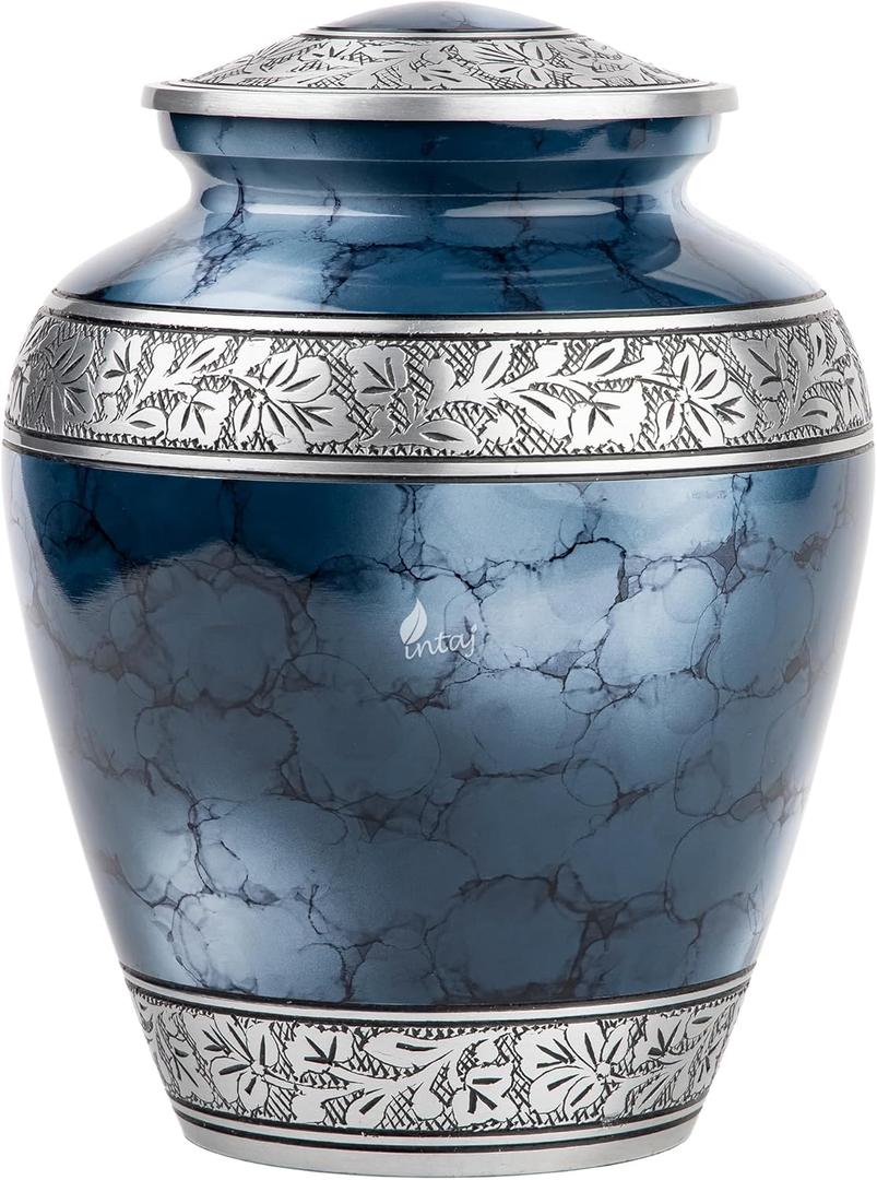 INTAJ Cloud Blue Aluminum Cremation Urn for Human Ashes - Adult 200 lbs Capacity, Threaded Lid Metal Funeral Urn - Decorative Memorial Container for Burial or Niche, Secure & Lightweight Casket Urn (Brushed Blue)