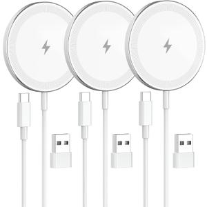 3Pack Magnetic Wireless Charger Pad: 15W Fast Qi Slim Portable Charging Disc for Apple - iPhone 16 16e 15 14 13 12 Series - AirPods 4 3 2 Pro - Samsung Galaxy S25 & Pixel 10 Series Qi2 Ready, White