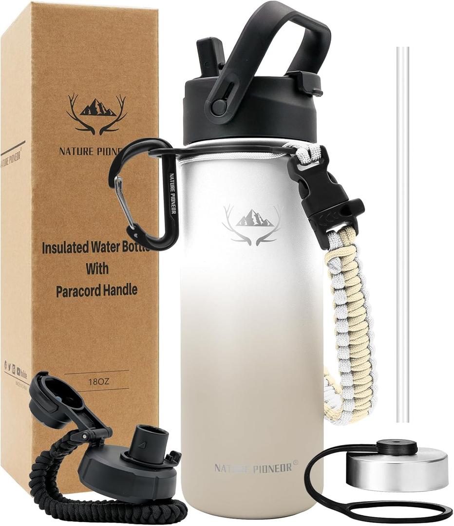 NATURE PIONEOR Insulated Water Bottles with Paracord Handle - 24 oz Vacuum Sports Wide Mouth Water Bottle with 3 Lids, Leak Proof Stainless Steel Keeps Hot and Cold White