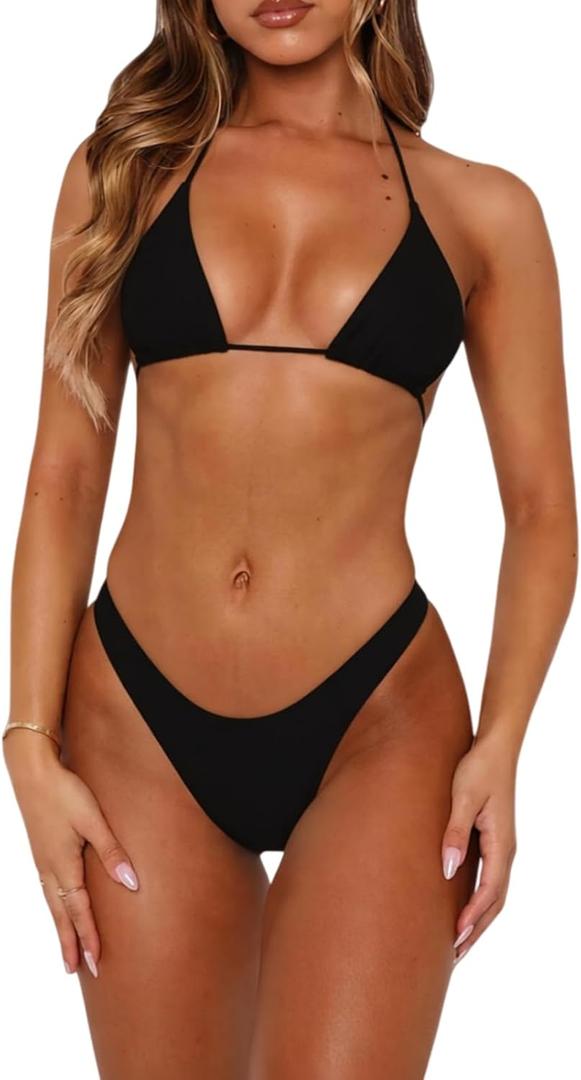 Women Sexy Bikini Set 2 Piece Halter String High Cut Cheeky Thong Swimsuit Bathing Suit (M, Black)