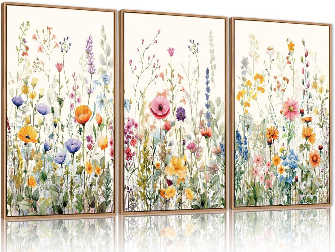 FWIEXA Wildflower Pictures Wall Decor, 3 Piece Floral Canvas Wall Art Set, Framed Watercolor Flower Painting, Colorful Botanical Artwork, 16x24 Inches Poster for Living Room, Bedroom, Nursery, Home