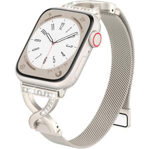 BRG Thin Mesh Loop Compatible with Apple Watch Bands for Women 44mm 45mm 46mm Series 11 10 9 8 7 6 5 4 3 2 1 SE, Metal Magnetic Stainless Steel Strap with X-Shape Diamond Clasp for iWatch Bands (Starlight)