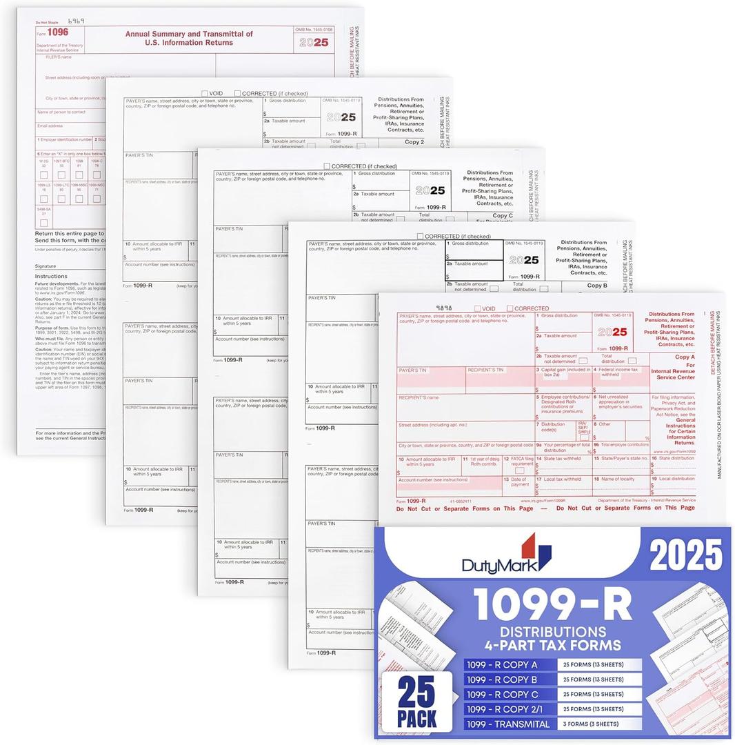 1099-R Tax Forms 2025 (distributions) 25 Sets of 4-Part, Laser Forms, Federal and State Copies (2 Forms on a Sheet) with 3 1096 Transmittals, 2025