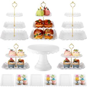 12 Pcs Dessert Table Display Stand Set Include 5 Square Cupcake Stand Holder Tier Tower 1 Cake Holder 6 Rectangular Serving Tray Combo for Party Birthday Baby Shower Wedding (White,Gold)