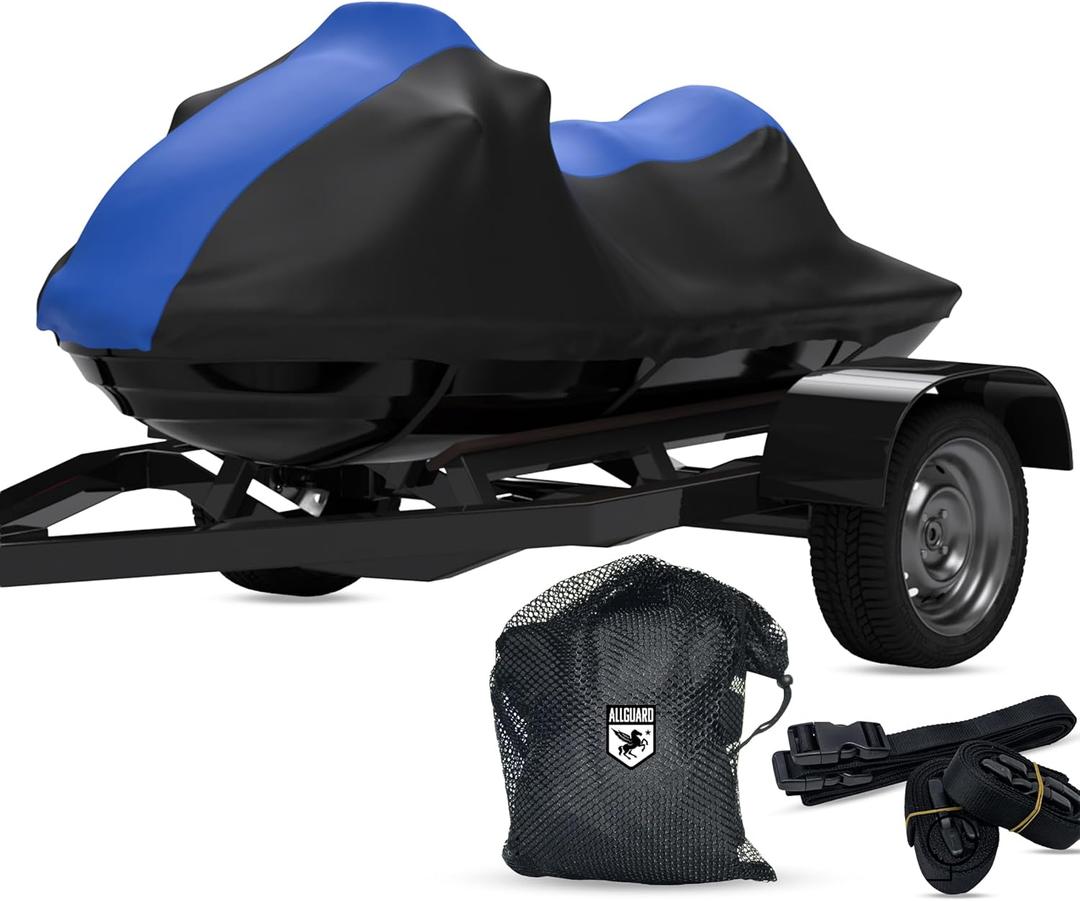 AllGuard Weatherproof Max Jet Ski Cover, Heavy Duty 600D Marine Grade Polyester, Protects from Rain, Sun, UV & More - Blue/Black (Fits Jet Ski Length: 125" - 135")