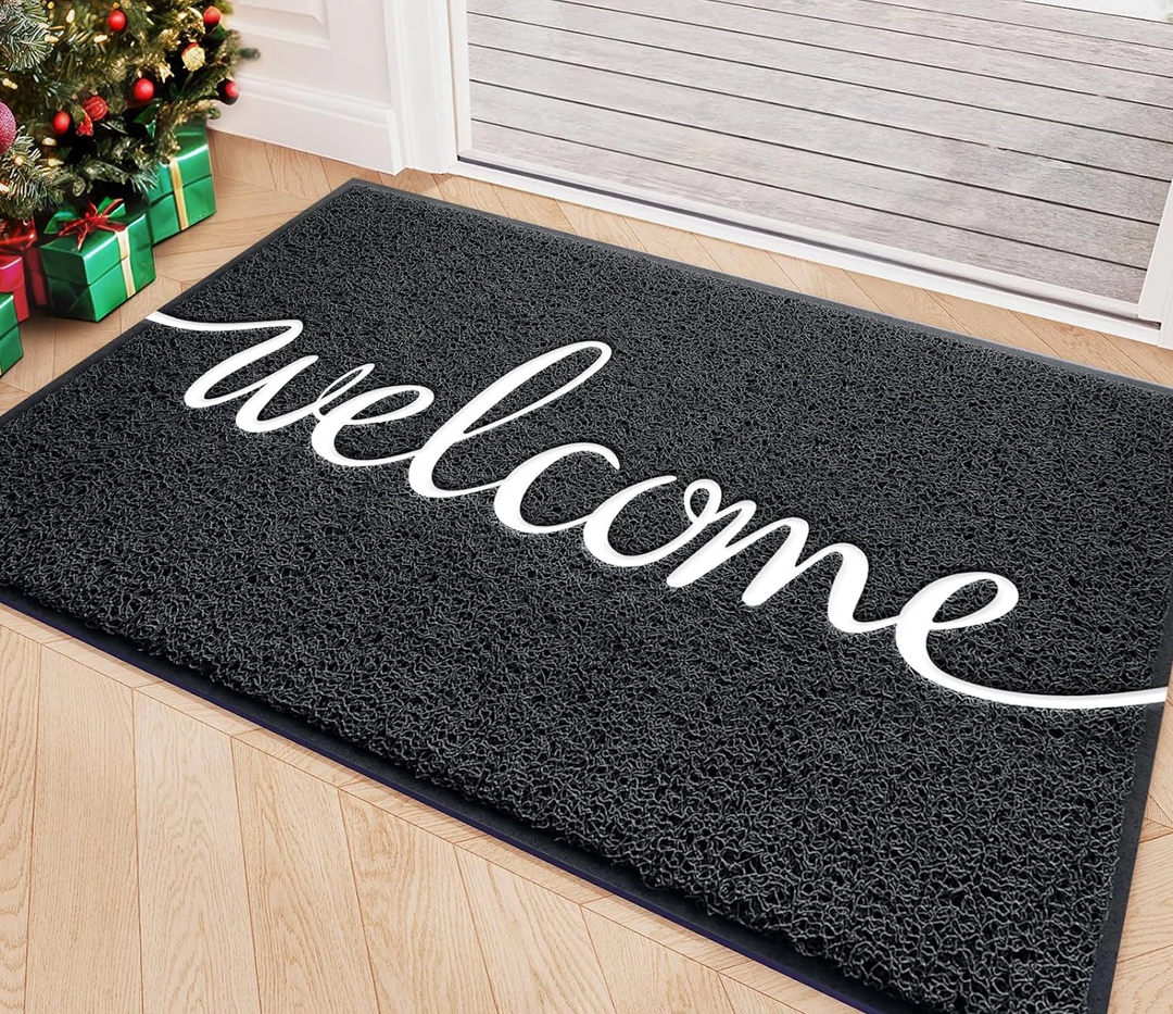 Welcome Door Mat Outdoor Indoor Non Slip Doormat Low-Profile Super Absorb Mud Easy to Clean Front Door Mats for Entrance,Patio,High Traffic Areas Black