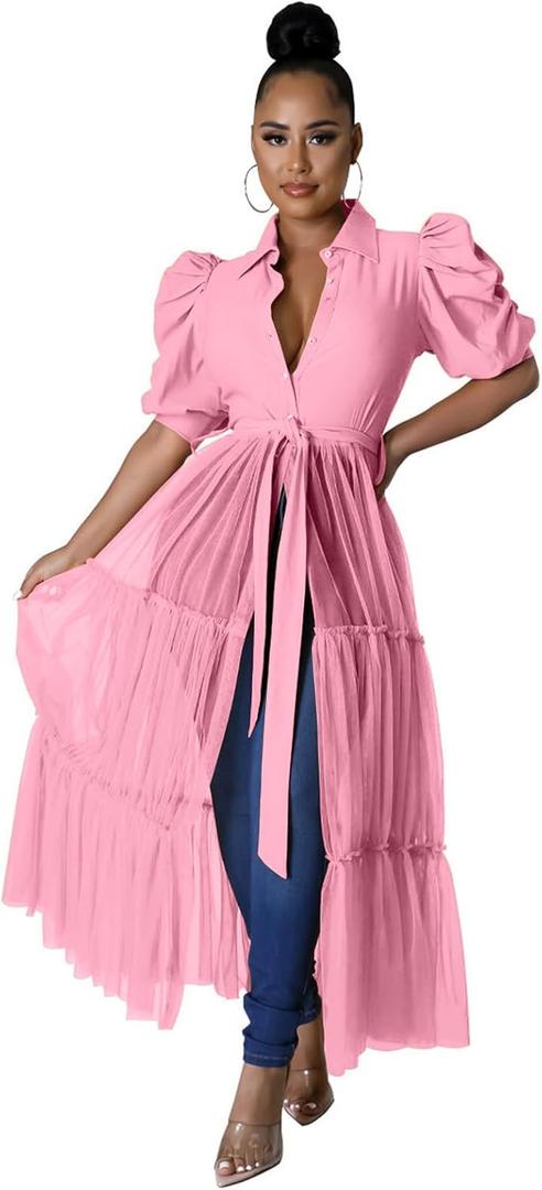 Ekaliy Women Sexy Short Sleeve Bodycon High Low Asymmetrical Ruffle Tunics Blouse Shirt Top Dress (Large, Pink)