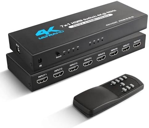 NEWCARE HDMI Switch 7 in 1 Out 4K@60Hz, 7x1 HDMI Switcher with IR Remote, 7 Port HDMI Selector Box Support HDMI2.0, Dolby Vision/Atmos, HDR10 for Xbox, Switch, PS5/4, Roku, Fire Stick