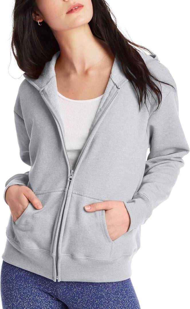 Hanes Women's Hoodie, Ecosmart Fleece Full-zip Hoodie, Zip-up Hooded Sweatshirt (Gray)