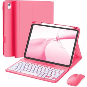 RAYMCRAFT for iPad Air 11-inch Case with Keyboard M4/M3/M2 (2026/2025/2024), Mouse and Detachable Wireless Keyboard Combo for iPad Air 5th/4th 10.9-inch, 7-Color Backlight with Pencil Holder, Hot Pink
