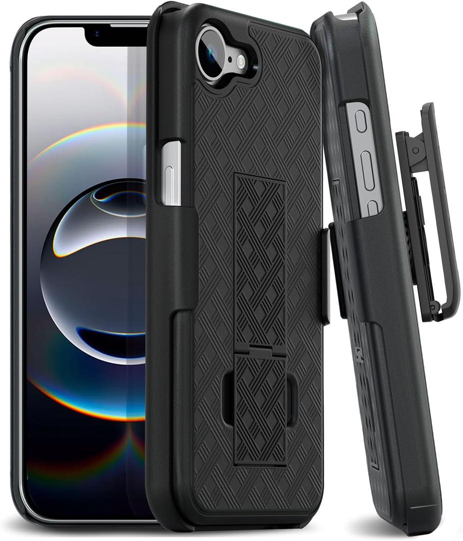Designed for iPhone 16e Case with Belt Clip, Shell Holster Combo for Apple iPhone 16 e, Slim Rugged Case with Holster, Drop Shockproof Protective Cover & Kickstand 6.1" | Black - 2025