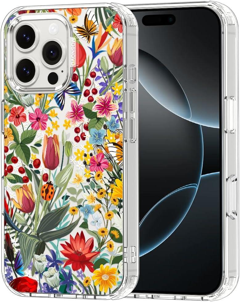 MOSNOVO for iPhone 16 Pro Max Case | Military Grade 6.6ft Drop Tested | Clear with in The Garden Design