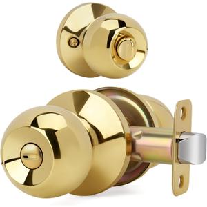 Ball Design Door Knob with Lock, Privacy Round Shaped Keyless Doorknob for Bathroom/Bedroom, Polished Brass Finish (1 Pack)