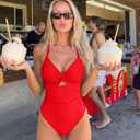 OQQ Women’s One Piece Swimsuit Tummy Control V Neck Twist Front Bathing Suit Cutout Full Coverage Slimming Swimwear (Red, L)
