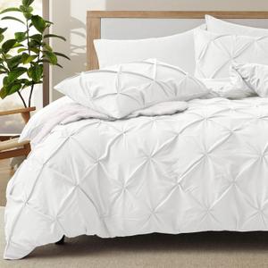 VACVELT 5 Piece Pinch Pleated Duvet Cover Full/Queen Size Set, White Pintuck Duvet Cover with Zipper & 8 Ties, Shabby Chic Microfiber Duvet Cover + 2 Pillow Shams + 2 Pillowcases, No Comforter