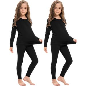 Silkfly 2 Pack Girls Thermal Underwear Set Fleece Lined Thermals Top and Bottom Base Layer for Girls Winter (Black, XS)